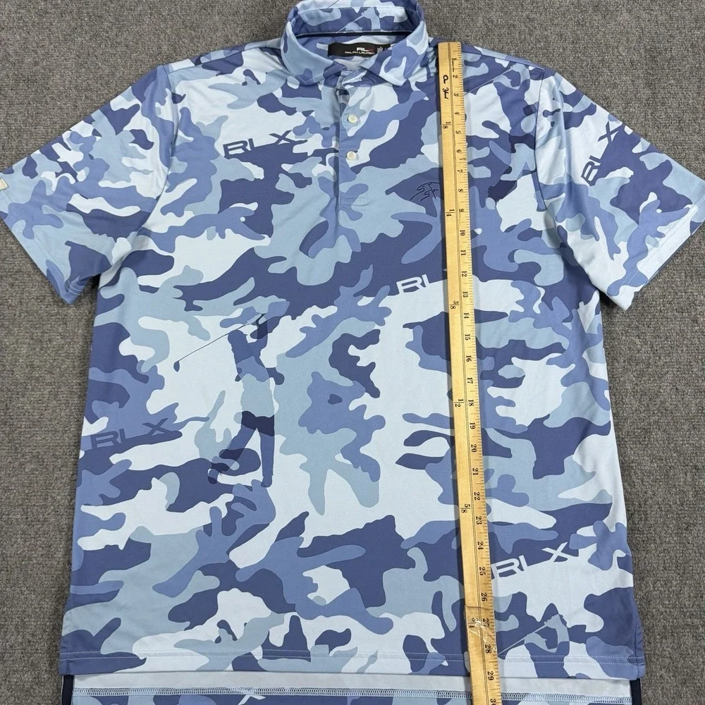 RLX Ralph Lauren Golf Polo Mens Large Blue Camo All Over Print Performance